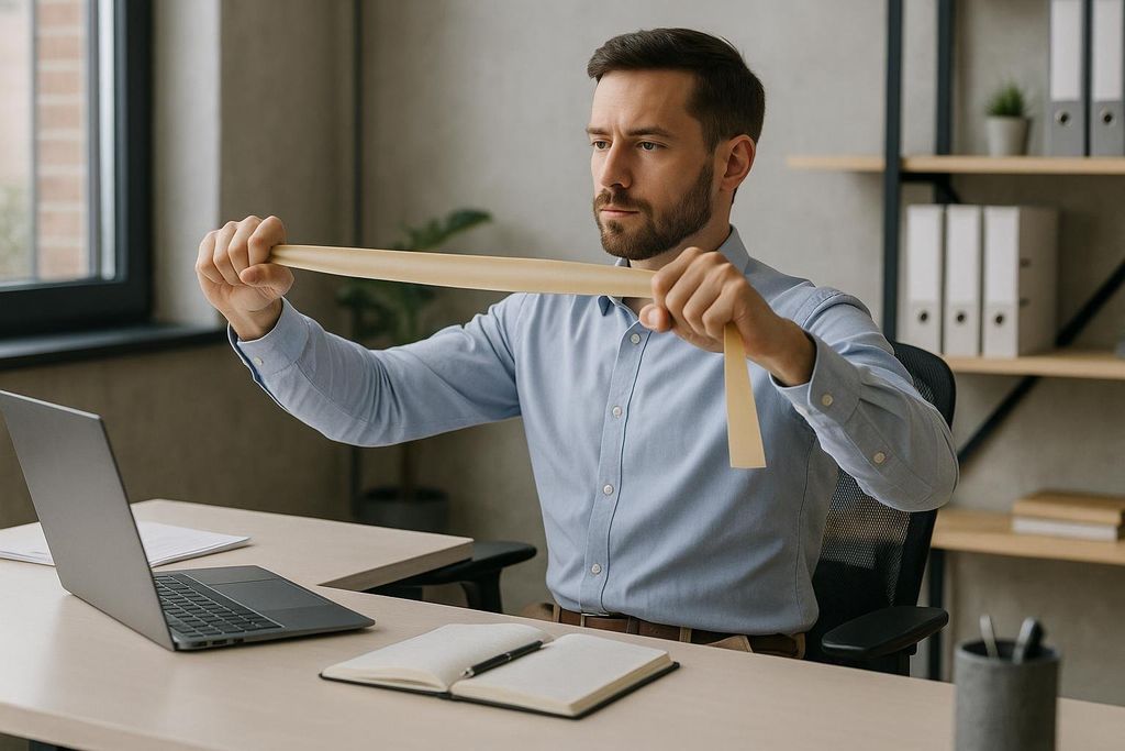 A man in a blue shirt sits at a desk with a laptop and notebook and performs a resistance band pull-apart exercise.