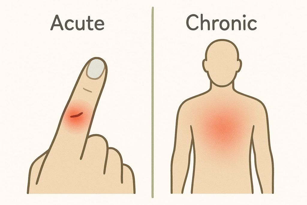 A diagram comparing acute inflammation, shown as a localized red area on a finger where a cut is present, with chronic inflammation, shown as a widespread red area across the torso of a human body outline.