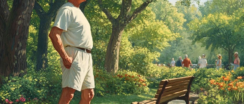 An impressionistic painting of a person standing in a park with people in the background near a bench.