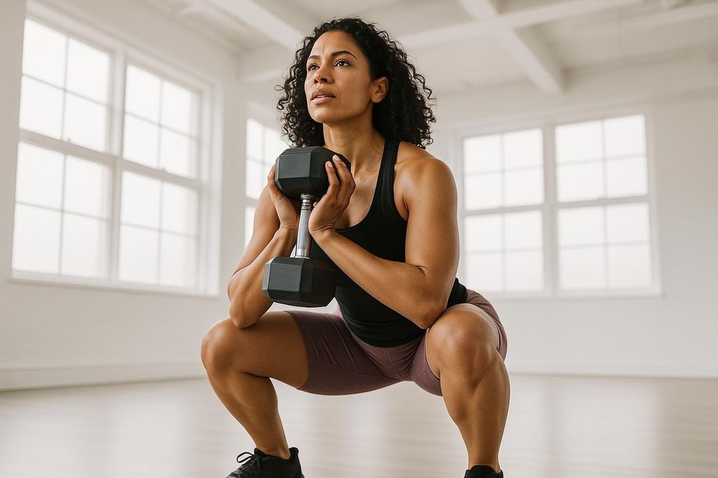 A fit woman with curly hair performs a dumbbell squat in a brightly lit room. She holds a heavy dumbbell vertically against her chest, looking upwards, demonstrating strength and focus.