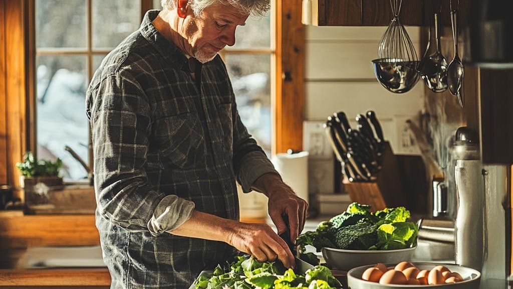 An older man in a plaid shirt chops green vegetables on a cutting board in a rustic kitchen.