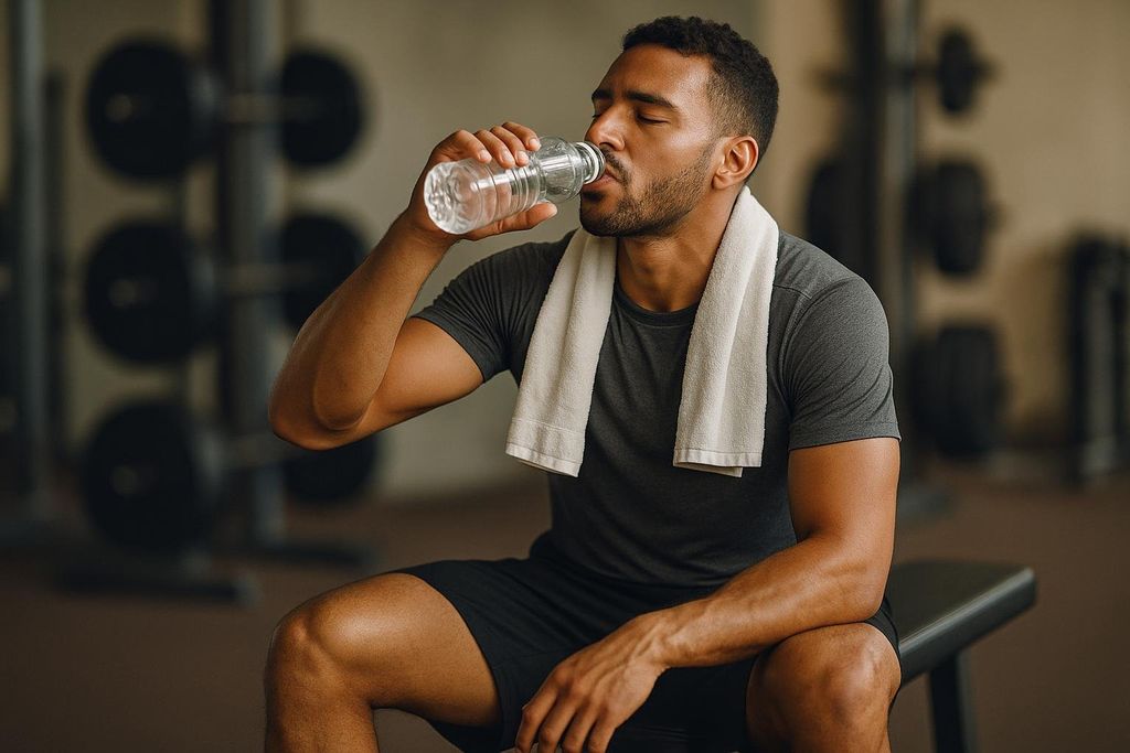 A man with a towel around his neck sits in a gym and drinks water from a plastic bottle with his eyes closed.