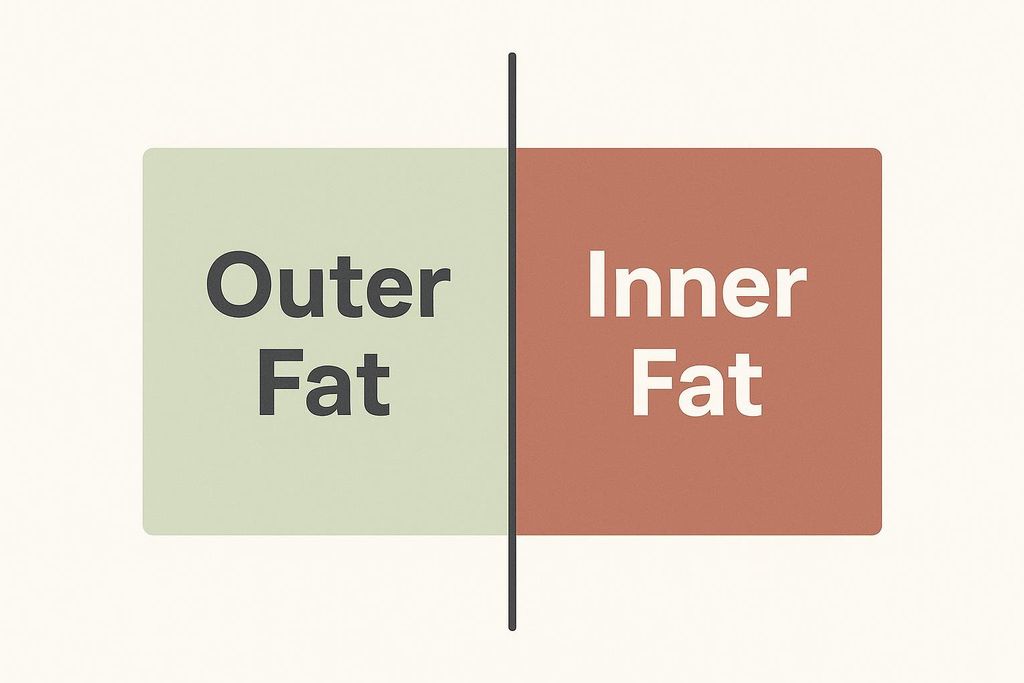 A diagram comparing 'Outer Fat' (subcutaneous fat) and 'Inner Fat' (visceral fat). The diagram is split vertically with a light green block on the left labeled 'Outer Fat' and a reddish-brown block on the right labeled 'Inner Fat'. Black text contrasts against the colored blocks. 
