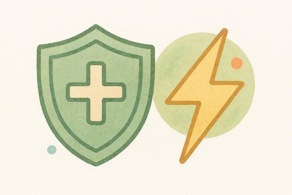 An illustration featuring two icons: a green shield with a light green cross inside, representing protection or health, and a yellow lightning bolt on a light green circle, symbolizing energy. The background is a soft, off-white texture, possibly watercolor paper.