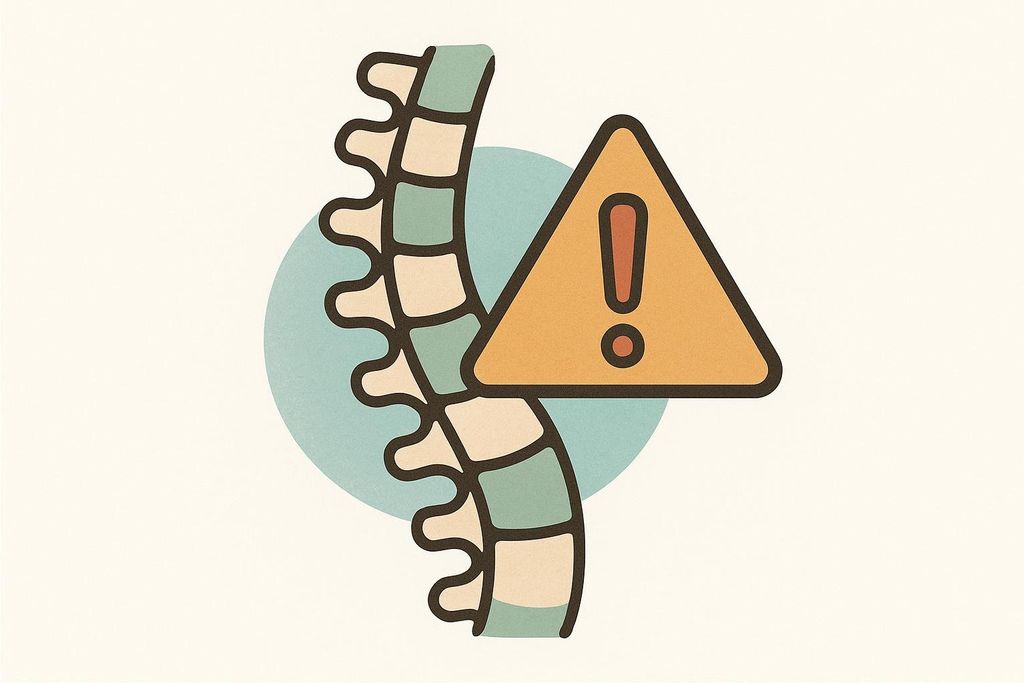 An abstract illustration of a human spine with a triangular warning alert symbol superimposed over it. The spine is depicted with alternating light beige and teal segments, curving slightly to the left. The warning symbol is orange with a black outline and an exclamation mark inside. A light blue circle is partially visible behind the spine.