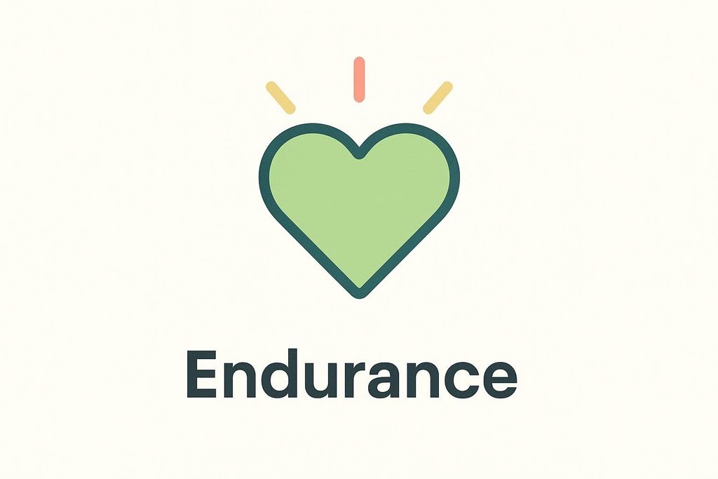 A stylized green heart icon with a dark green outline, radiating small orange and yellow lines above it, centered above the word 'Endurance' in a dark gray font on a light cream background. The heart represents cardiovascular endurance.