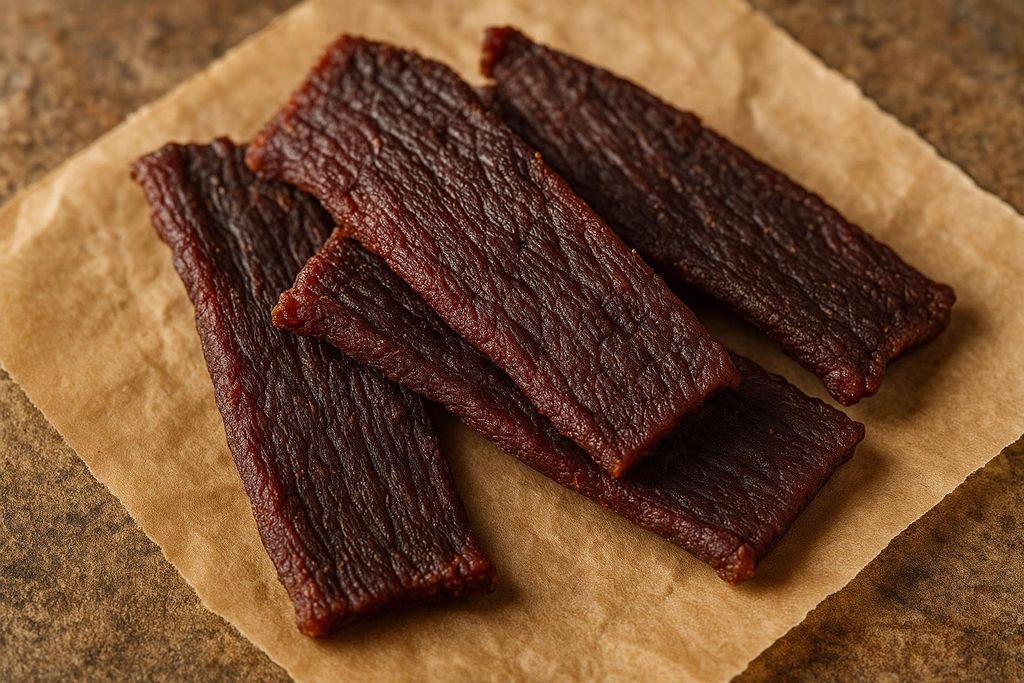 Close-up of several strips of dark red beef jerky, with visible muscle fibers, resting on a crumpled piece of light brown parchment paper, which lies on a textured, earthy-toned surface.