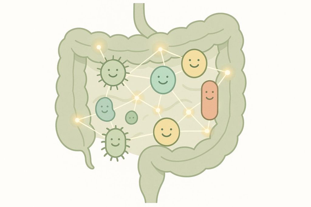 An illustration of a human digestive tract, with various friendly-looking microbes inside, connected by glowing lines. The microbes are depicted as colorful, smiling circles and shapes.