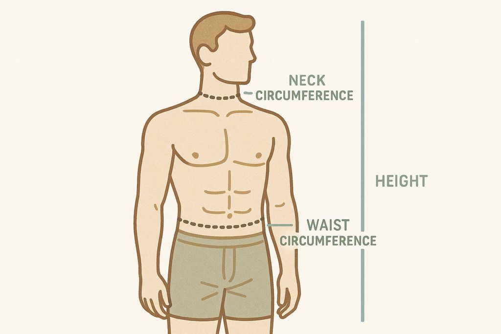 Illustration of male figure showing measurement points for waist, neck, and height for the U.S. Navy body fat method.
