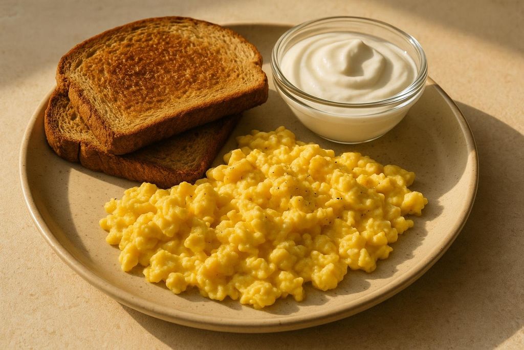 A plate of scrambled eggs and whole-wheat toast served with a side bowl of Greek yogurt.