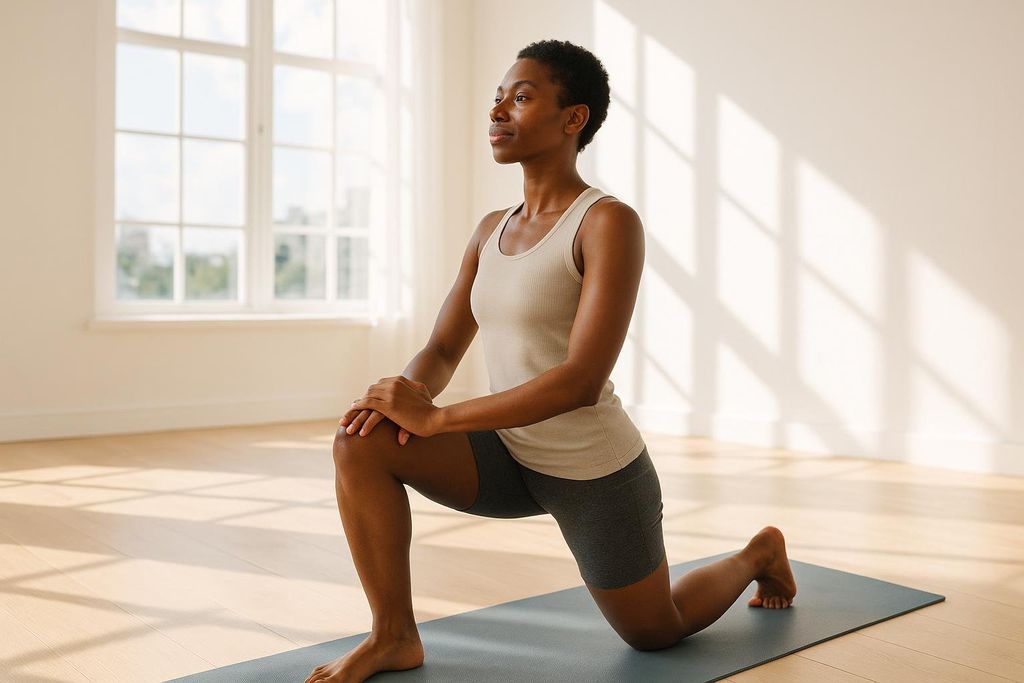A person with short dark hair, wearing a light tank top and dark shorts, is on a blue yoga mat in a kneeling position, performing a hip flexor stretch. They are looking to the right with a calm expression. Sunlight streams in from a window, creating shadows on the light-colored floor and wall.