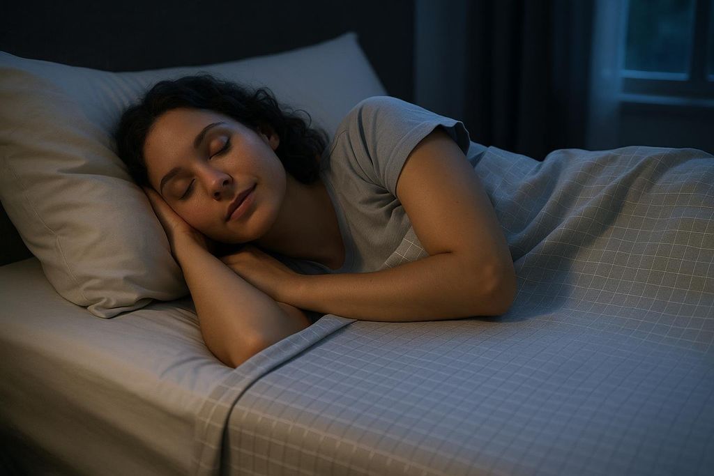 A woman with her eyes closed, sleeping peacefully on her side in bed. Her head rests on a pillow, and she is covered by a light blue checkered blanket. The room is dimly lit, suggesting nighttime.