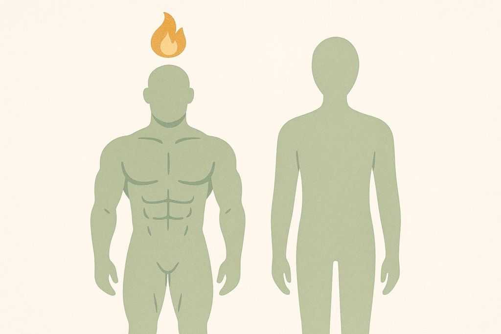 An illustration comparing two bodies of the same size. The body on the left is muscular with a flame above its head, representing higher muscle mass and a higher metabolism. The body on the right is slender and smooth, representing less muscle mass and a lower metabolism.