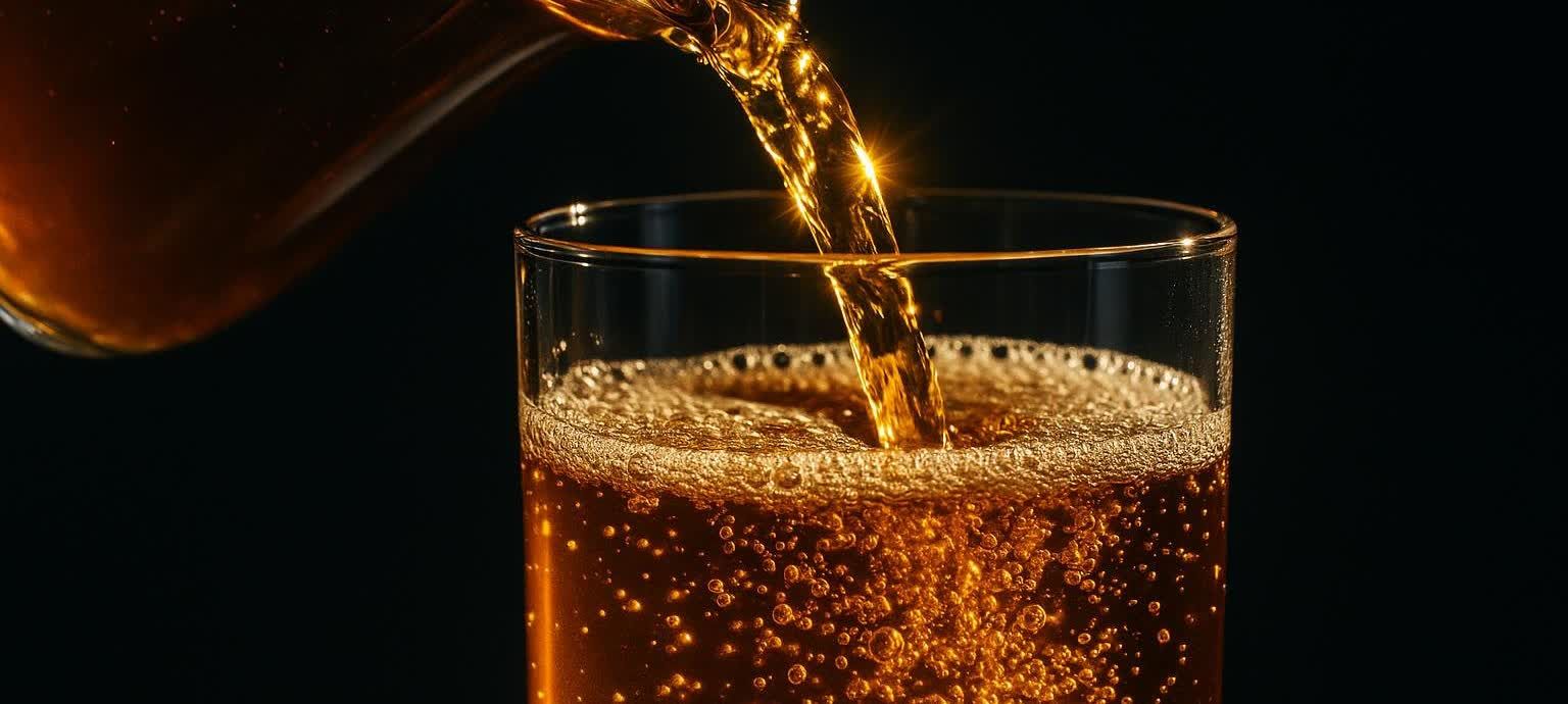 Sparkling kombucha being poured into a sleek glass, creating a rich foam and visible bubbles.