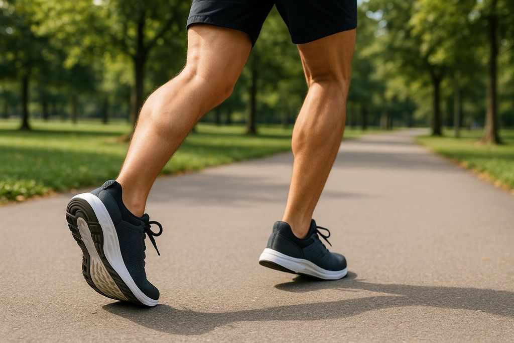 Cropped shot of a person's legs and feet running on a paved path through a park with green trees lining either side.