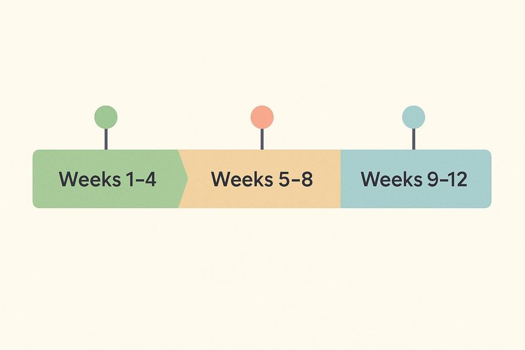 A timeline graphic showing three colored segments: Weeks 1-4 (green), Weeks 5-8 (beige), and Weeks 9-12 (light blue). Each segment has a colored dot above it.