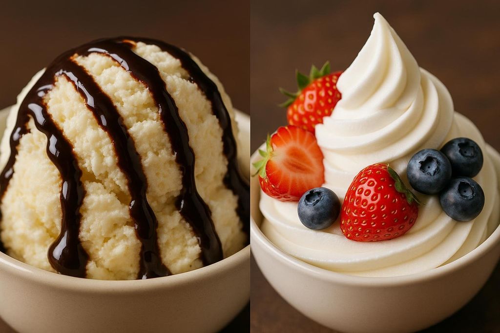 A side-by-side comparison of a bowl of vanilla ice cream drizzled with chocolate syrup and a bowl of frozen Greek yogurt topped with strawberries and blueberries, illustrating a healthier dessert alternative.