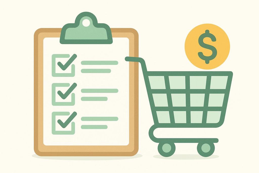 An icon depicting a clipboard with a checklist of three items, each marked with a green checkmark, next to a green shopping cart with a large gold dollar sign floating above it. This represents smart grocery list planning and budget control.