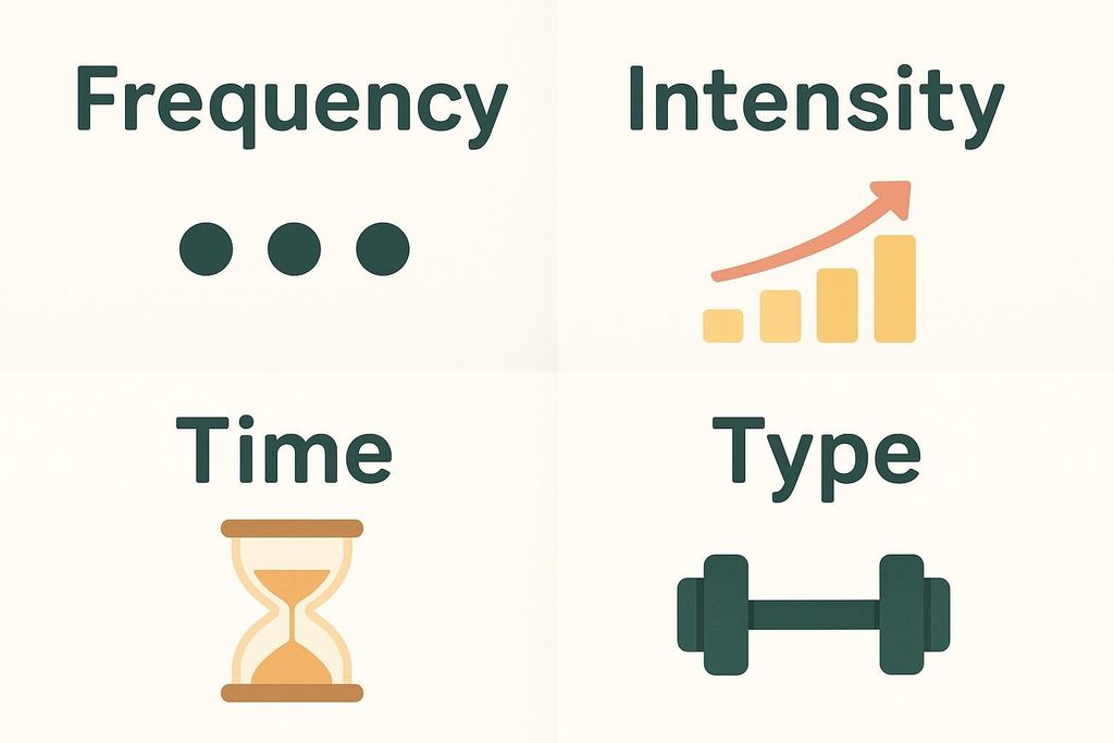An infographic illustrating the FITT principle: Frequency is represented by three dots, Intensity by a bar chart with an upward trend, Time by an hourglass, and Type by a dumbbell.