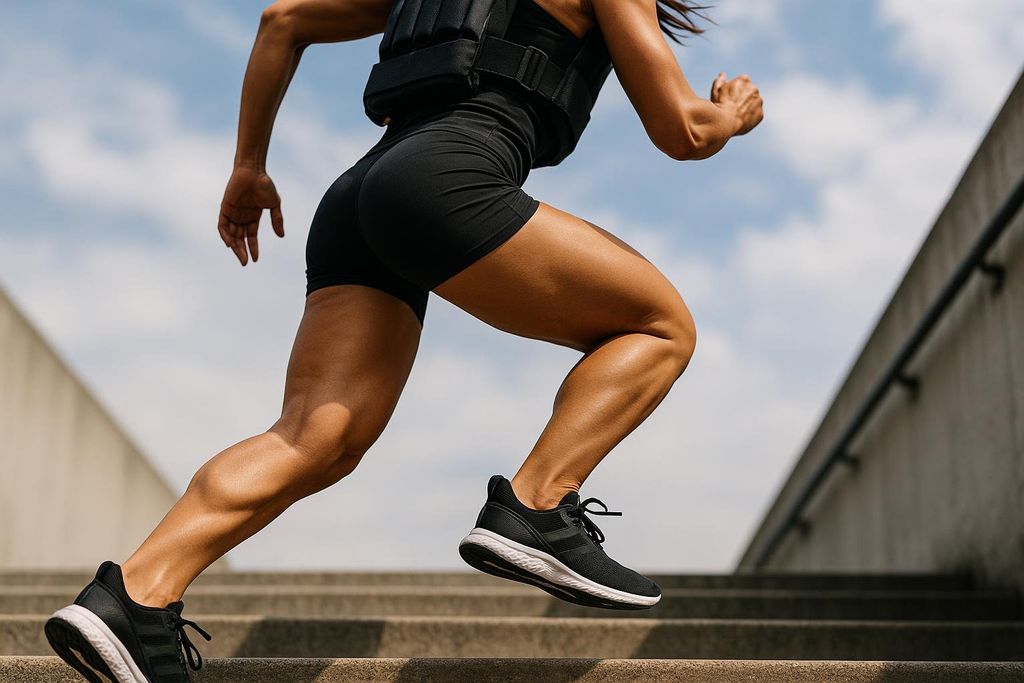 A powerful low-angle shot of a woman in a weighted vest climbing stairs under a blue sky, showcasing her muscular legs and focused movement while exercising outdoors.