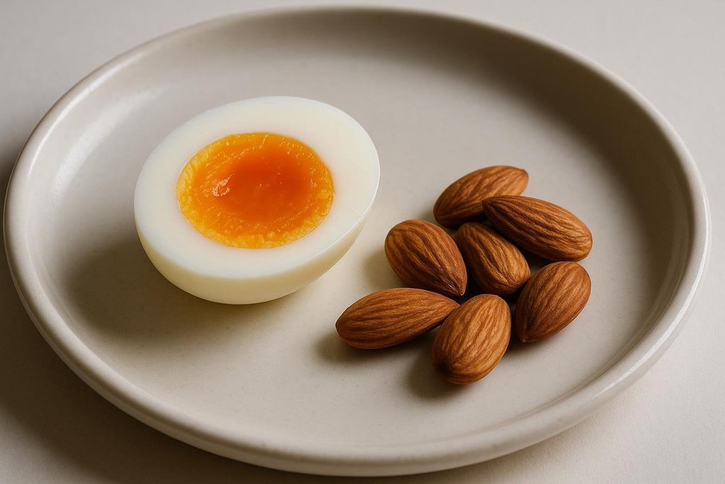 A close-up shot of a halved soft-boiled egg with a runny orange yolk, placed next to a small scattered pile of whole almonds, all resting on a light beige plate.