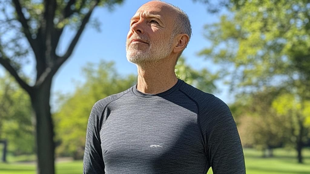 A mature man with a short gray beard looks upwards in a sunny park.