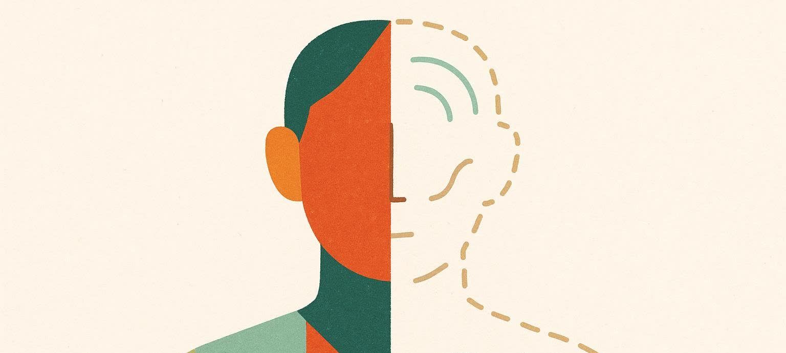 An illustration showing a human silhouette split down the middle. The left half is solid with warm orange for the head and a cool green for the body. The right half is a dashed outline with faint blue curved lines near the top representing a brain or thought process, and faint brown lines for facial features, depicting a concept of one-sided weakness or neurological impact.