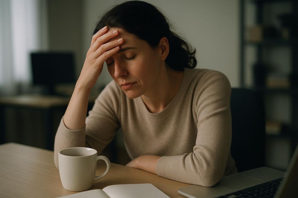 A tired woman sits at a desk with her hand on her forehead, eyes closed, beside a coffee mug, notebook, and laptop. She appears to be experiencing a headache or exhaustion.