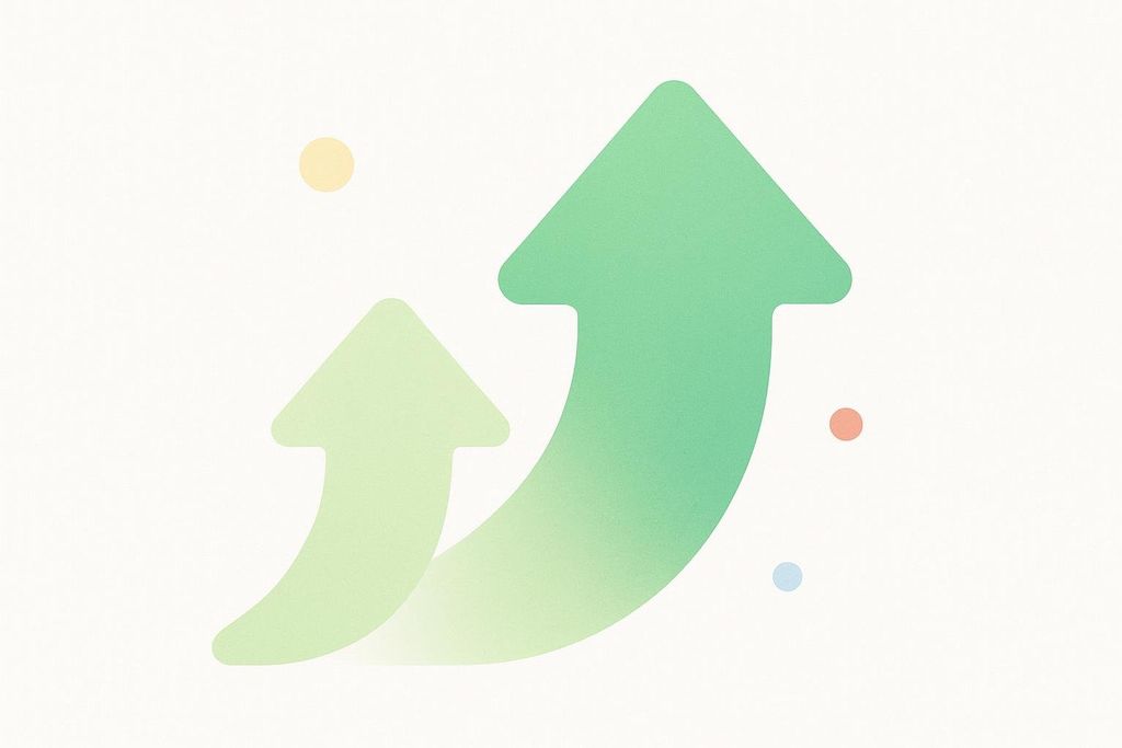 Two green arrows pointing upwards, showing growth and progression, with several small colorful dots.