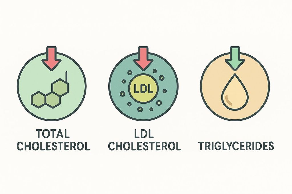 Three lipid icons labeled Total Cholesterol, LDL Cholesterol, and Triglycerides with downward arrows indicating reduction.