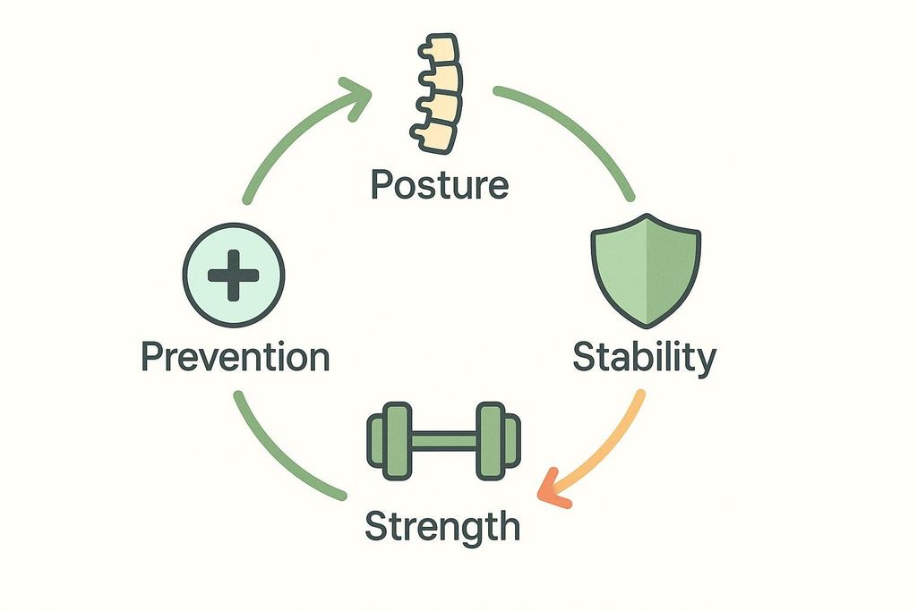 A circular diagram showing four interconnected icons and labels: a spine for Posture, a shield for Stability, a dumbbell for Strength, and a plus sign for Prevention. Green arrows indicate a positive flow from Prevention to Posture, then to Stability, and then from Strength back to Prevention. An orange arrow shows a reverse connection from Stability to Strength.