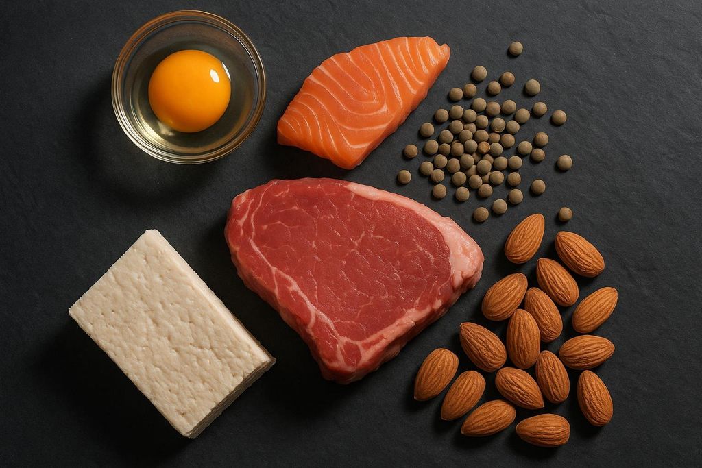 An overhead shot of various high-quality protein sources on a dark surface, including a raw egg yolk in a bowl, a salmon fillet, a beef steak, a block of tofu, a pile of lentils, and a handful of almonds.
