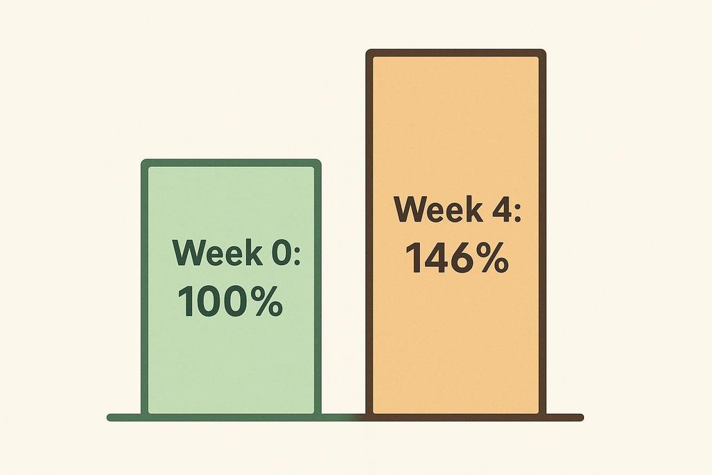 A bar chart showing 'Week 0' with a value of 100% and 'Week 4' with a value of 146%, indicating an increase over time.