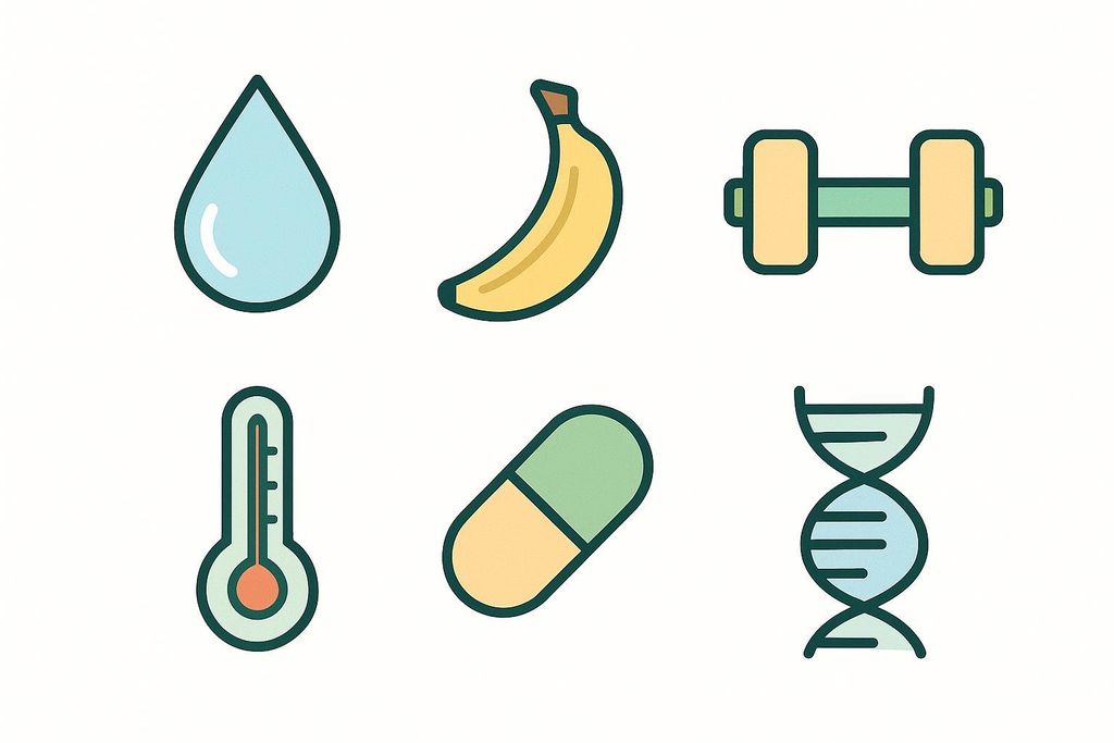 A grid of six icons representing factors for muscle pump, including hydration (water drop), carbs (banana), training (dumbbell), temperature (thermometer), supplements (pill capsule), and genetics (DNA strand).