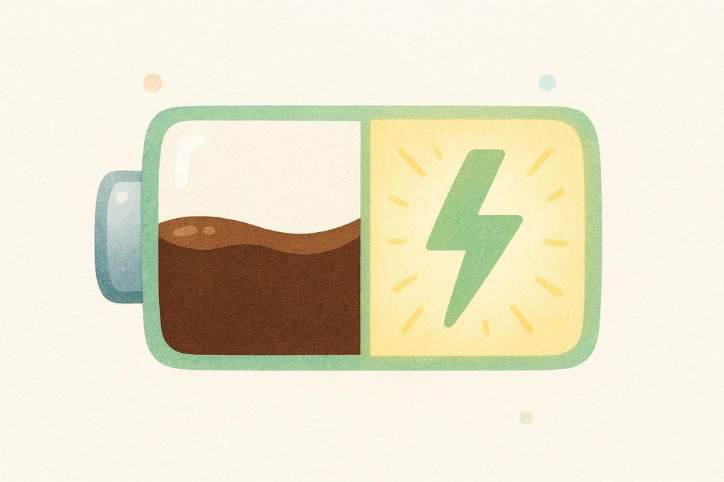 An illustration of a battery icon with the left half filled with dark brown coffee, symbolizing energy, and the right half showing a green lightning bolt on a yellow background with radiating lines, indicating power and light. The background is a soft, off-white with scattered pastel dots.