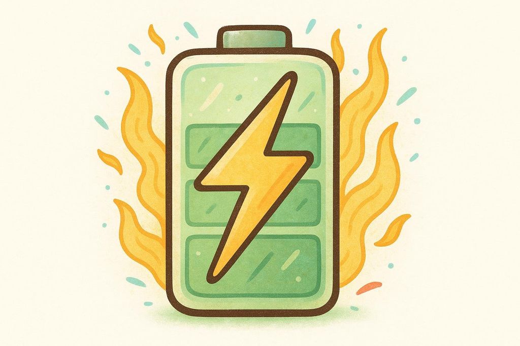 Illustration of a battery with a lightning bolt symbol, indicating it's recharging. Flames are depicted around the battery, with small blue and orange specks, suggesting heat or increased activity. The battery has three green bars, signifying a good charge level.