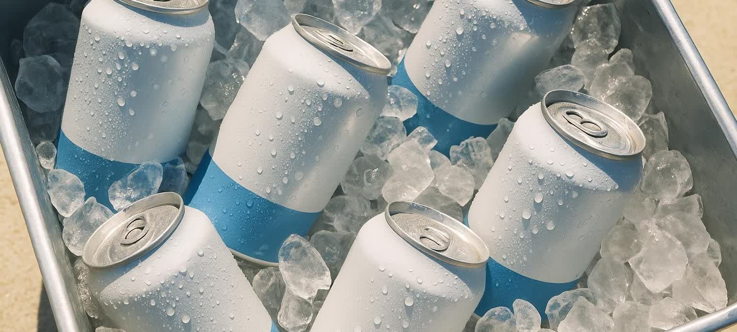 Top down view of canned water chilling in a cooler of ice