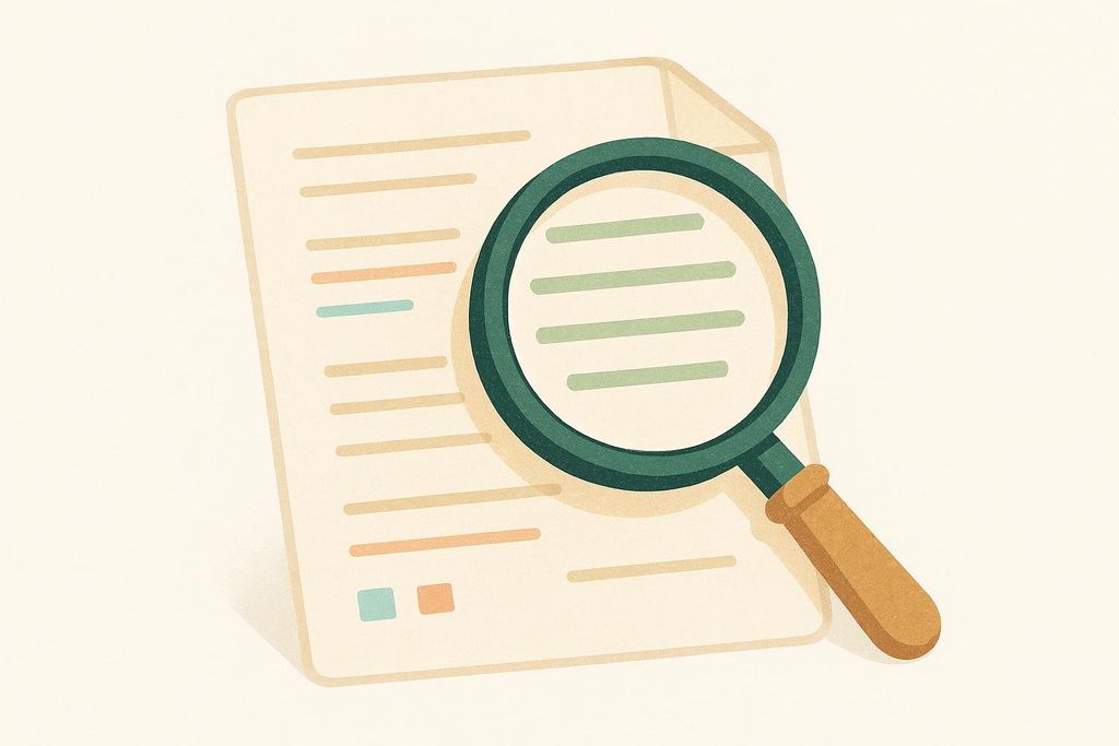 An illustration of a magnifying glass over a document with lines of text, suggesting inspection or verification.