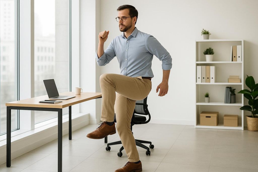 A man in a light blue shirt and tan pants does a quick workout in an office setting. He lifts one knee high, with his fist clenched, demonstrating a convenient exercise routine at his desk.
