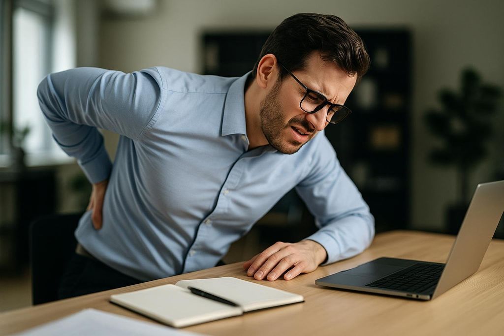 A man in an office setting, wearing glasses and a light blue shirt, grimaces in pain while holding his lower back. He is sitting at a desk with a laptop and notebook, suggesting discomfort from prolonged sitting.