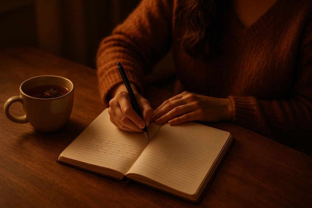 A woman's hands are shown writing in a journal on a wooden table, illuminated by a warm light. A mug of tea sits beside the open journal.