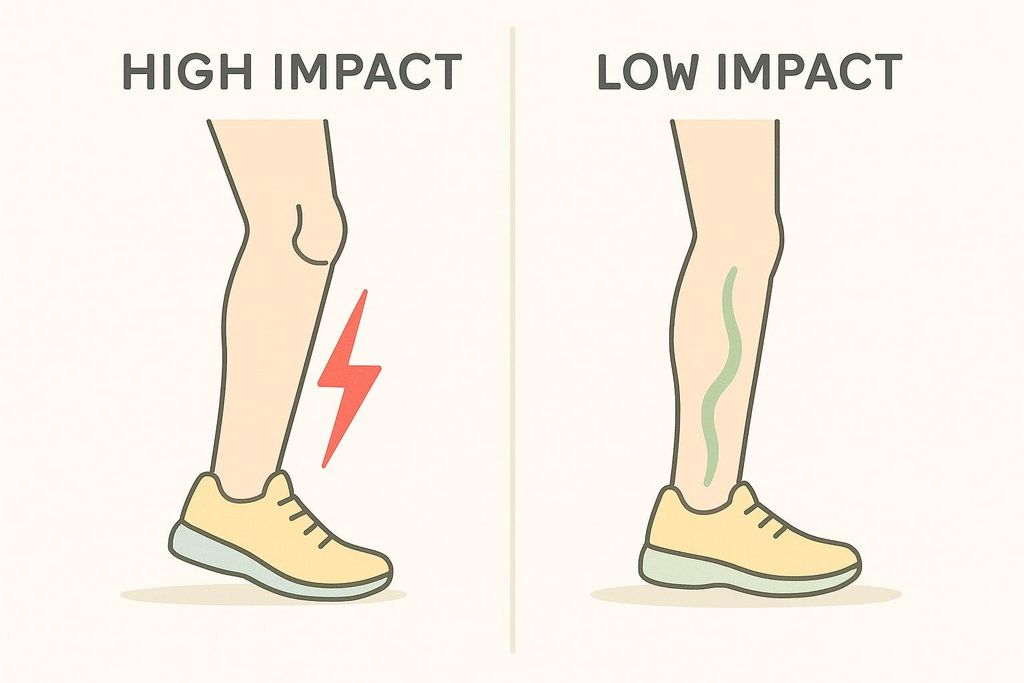 Infographic comparing high-impact and low-impact exercise. On the left, a leg with a red lightning bolt indicating jarring force. On the right, a leg with a gentle green wave indicating smooth motion.