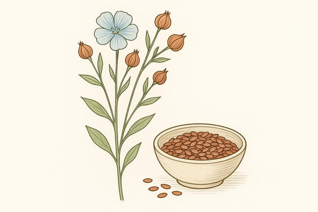 An illustration depicting a flax plant with light blue flowers and orange seed pods standing next to a bowl of brown flax seeds, with a few seeds spilled out. The background is a light off-white color.
