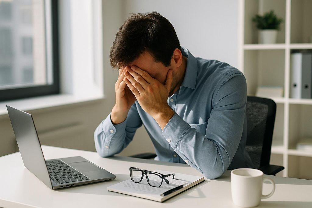 An exhausted man in a blue shirt resting his face in his hands at a desk, with a laptop, notebook, glasses, and a coffee mug visible.