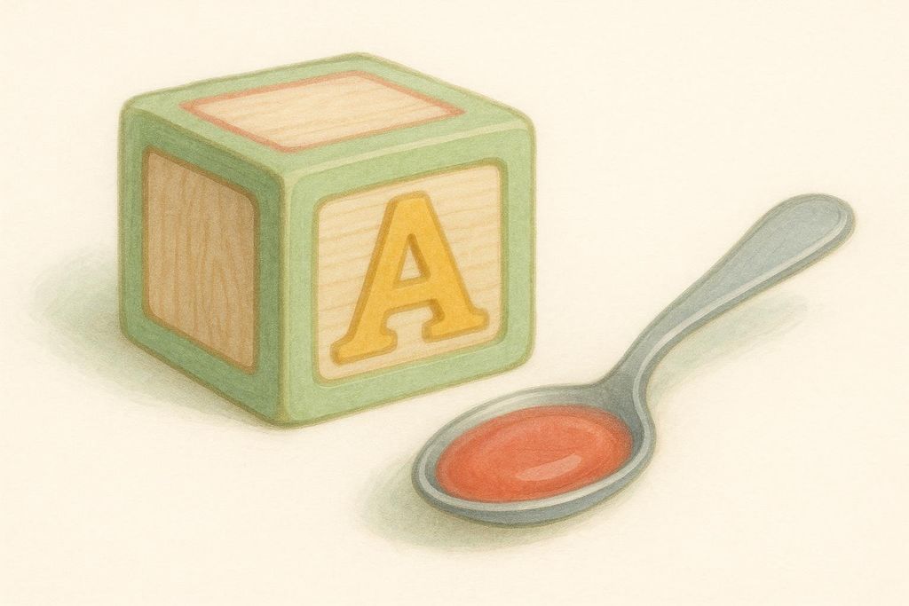 An illustration showing a green-trimmed wooden toy block with a yellow letter 'A' on its side, next to a silver spoon holding red liquid medicine.