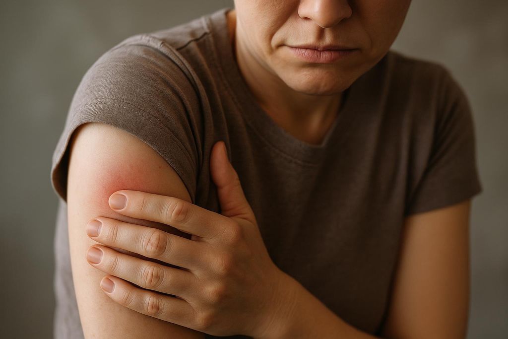 Close-up of a woman holding her upper arm, where a red, inflamed area indicates soreness at a potential injection site, possibly from a B12 shot.