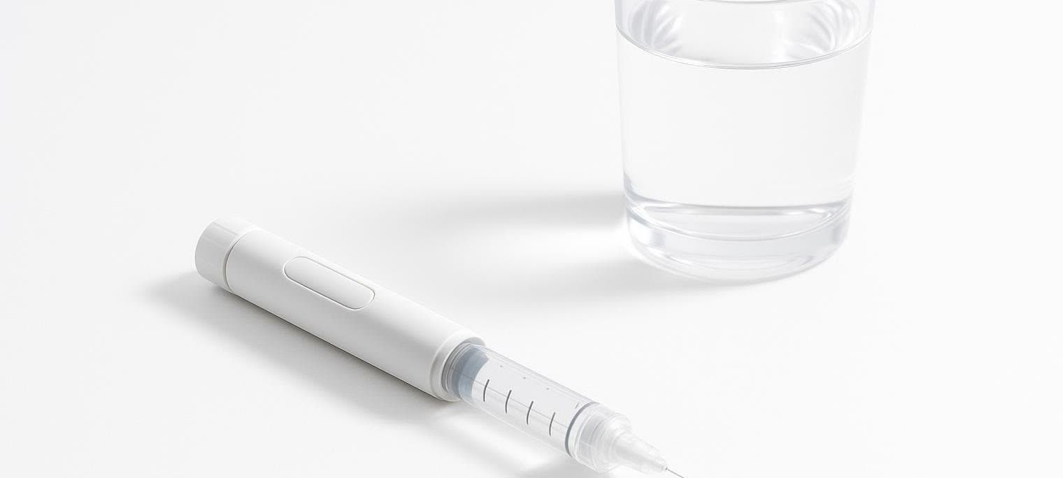 A white self-injection pen lies on a sterile white surface, with a glass of clear water in the background. The pen has a visible needle and graduation marks, suggesting it's ready for use with medication like Mounjaro, while the water symbolizes the management of potential side effects.