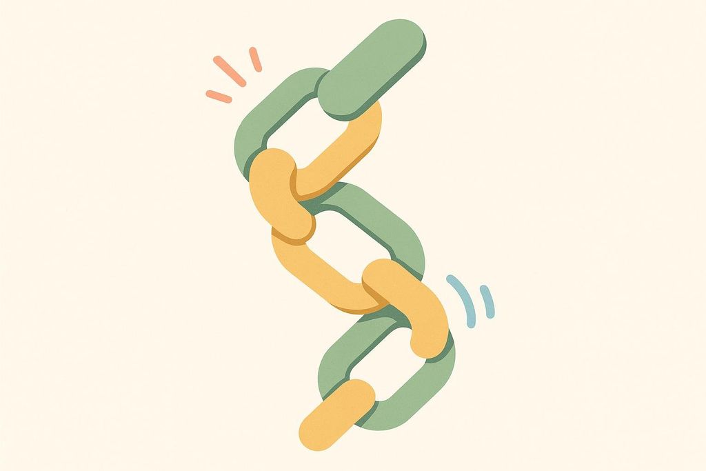 An abstract illustration of five interlocking chain links, alternating in color between muted green and yellow. Red lines above the top two links and blue lines to the right of the bottom two links suggest movement or a dynamic state. The image is set against a light, off-white background.