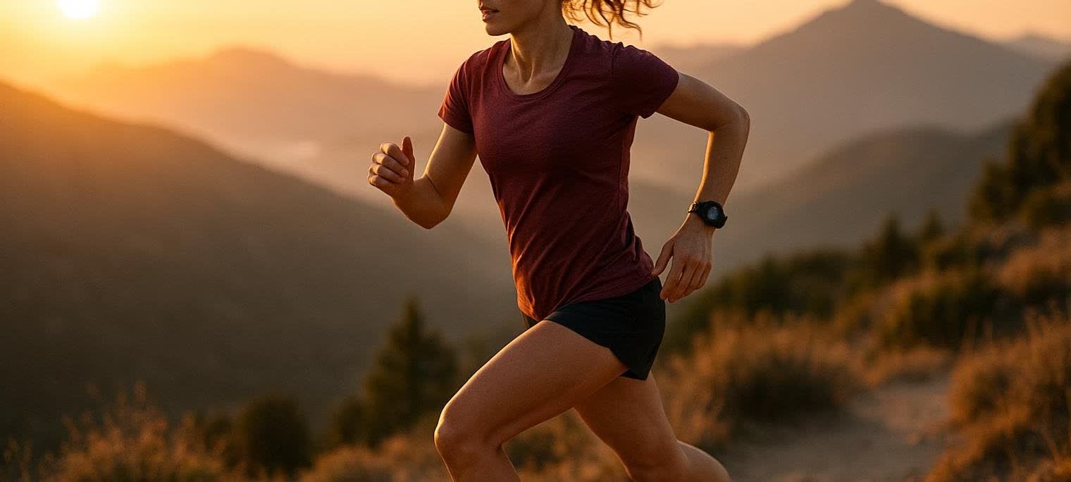 A female runner in a maroon t-shirt and dark shorts jogs on a mountain trail at sunset, with distant mountains and a bright sun in the background. She wears a watch on her left wrist.