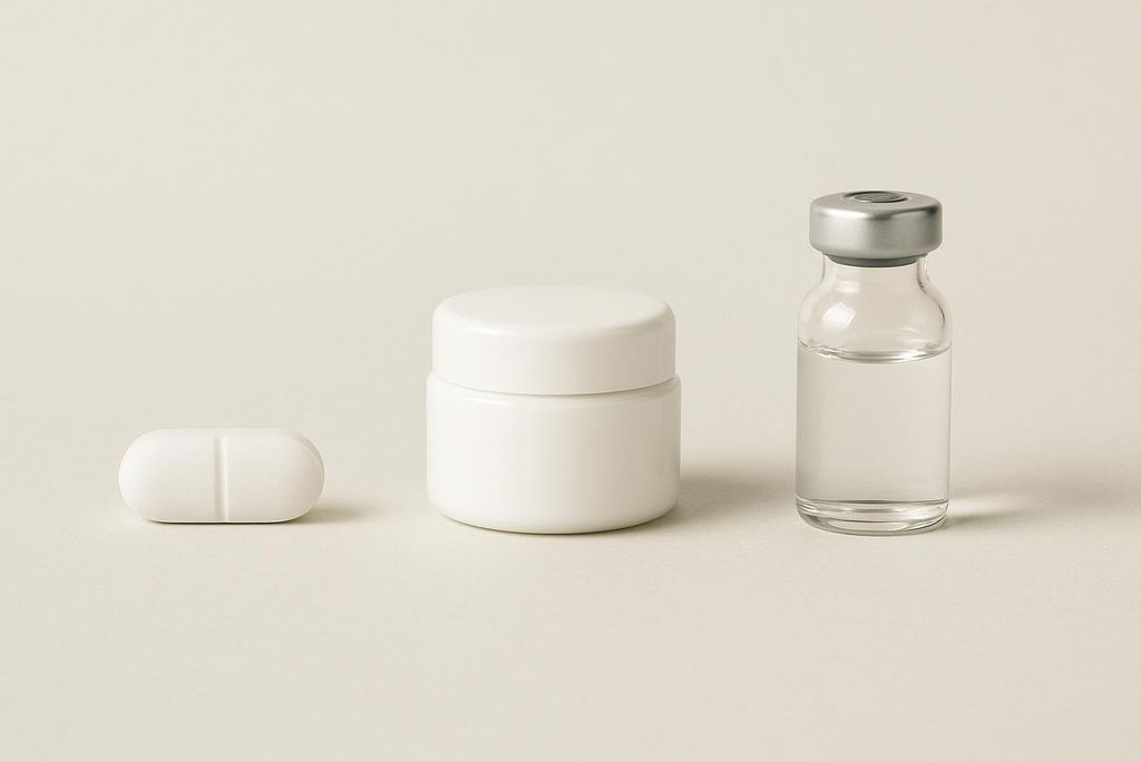 A white pill, a white cream jar, and a clear vial filled with liquid, representing different forms of medication administration.